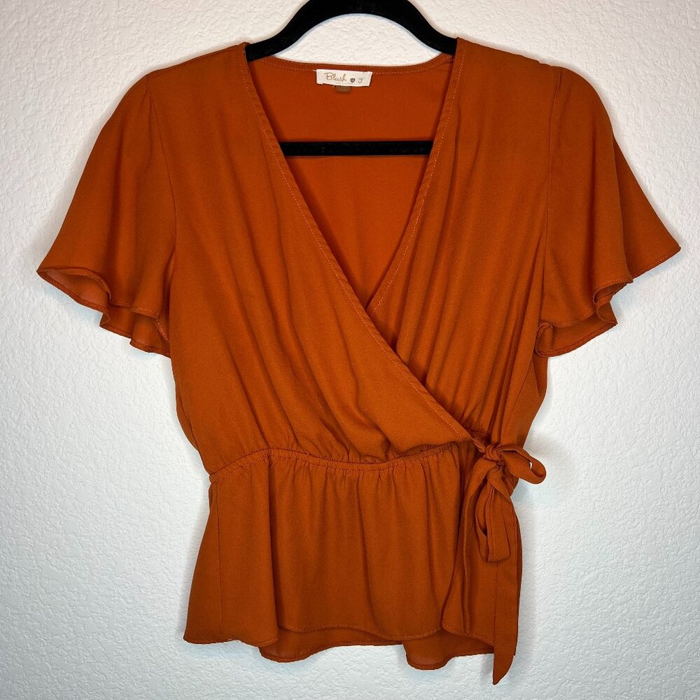 Shirt Sleeve Splice V-Neck Blouse  Top Side Tie Details